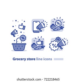Grocery store basket icon, vegetables discount symbol, promotion megaphone sign, sale bonus coupon logo, good quality products, cheap price offer, low cost tag, vector illustration, line icon set