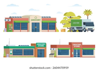 Grocery store building bundle vector illustration. Shop and market in flat style, Fully editable elements	