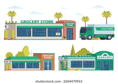 Grocery store building bundle vector illustration. Shop and market in flat style, Fully editable elements	