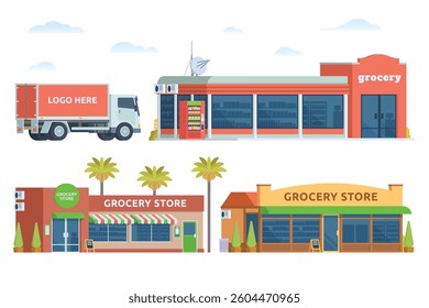 Grocery store building bundle vector illustration. Shop and market in flat style, Fully editable elements	