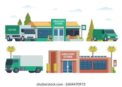 Grocery store building bundle vector illustration. Shop and market in flat style, Fully editable elements	