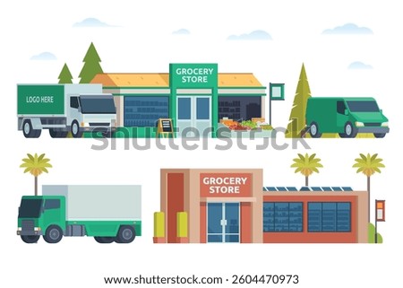 Grocery store building bundle vector illustration. Shop and market in flat style, Fully editable elements	