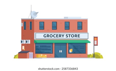 Grocery Store Building Vector Illustration. Shop  Market in Flat Style, Fully Editable Elements