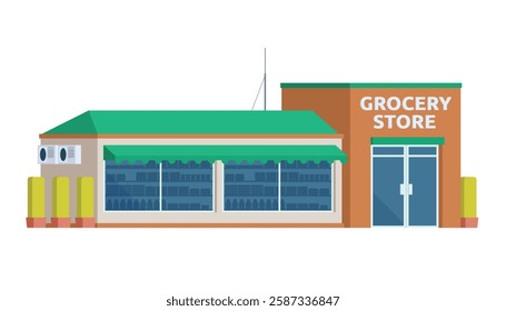 Grocery Store Building Vector Illustration. Shop  Market in Flat Style, Fully Editable Elements
