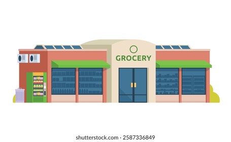 Grocery Store Building Vector Illustration. Shop  Market in Flat Style, Fully Editable Elements