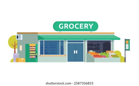 Grocery Store Building Vector Illustration. Shop  Market in Flat Style, Fully Editable Elements