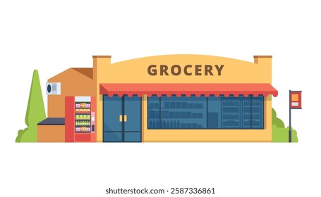 Grocery Store Building Vector Illustration. Shop  Market in Flat Style, Fully Editable Elements