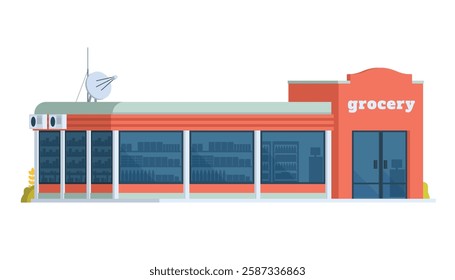 Grocery Store Building Vector Illustration. Shop  Market in Flat Style, Fully Editable Elements