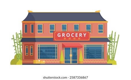 Grocery Store Building Vector Illustration. Shop  Market in Flat Style, Fully Editable Elements