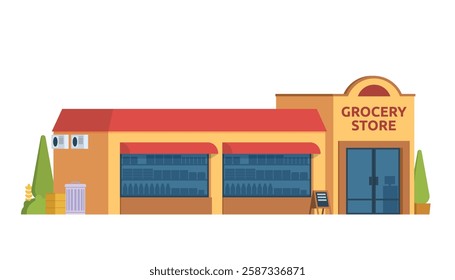 Grocery Store Building Vector Illustration. Shop  Market in Flat Style, Fully Editable Elements