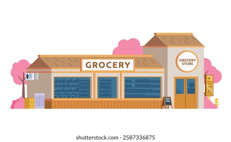 Grocery Store Building Vector Illustration. Shop  Market in Flat Style, Fully Editable Elements