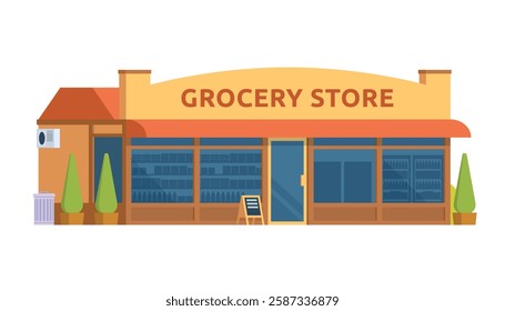 Grocery Store Building Vector Illustration. Shop  Market in Flat Style, Fully Editable Elements