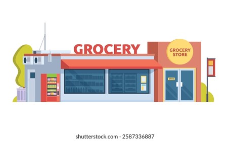 Grocery Store Building Vector Illustration. Shop  Market in Flat Style, Fully Editable Elements