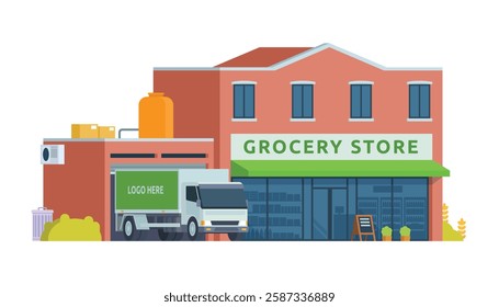 Grocery Store Building Vector Illustration. Shop  Market in Flat Style, Fully Editable Elements