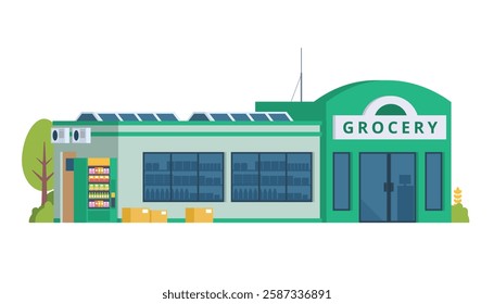 Grocery Store Building Vector Illustration. Shop  Market in Flat Style, Fully Editable Elements