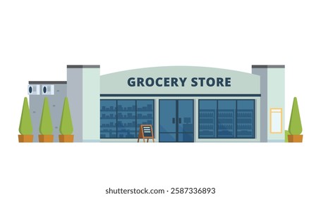 Grocery Store Building Vector Illustration. Shop  Market in Flat Style, Fully Editable Elements