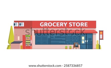 Grocery Store Building Vector Illustration. Shop  Market in Flat Style, Fully Editable Elements