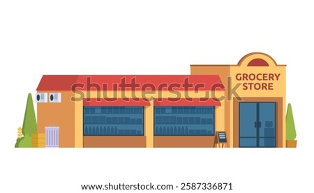 Grocery Store Building Vector Illustration. Shop  Market in Flat Style, Fully Editable Elements