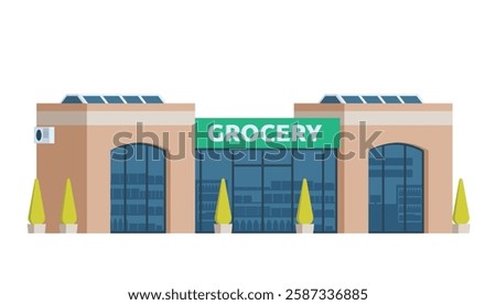 Grocery Store Building Vector Illustration. Shop  Market in Flat Style, Fully Editable Elements