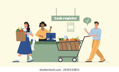 Concepto de caja de la tienda de comestibles. Mujer y hombre con carro con bienes y paquetes. Clientes y clientes en tiendas o tiendas con cajero. Transacciones sin efectivo. Dibujo vectorial plano de dibujos animados