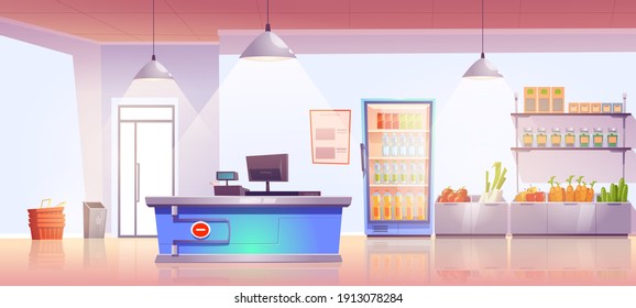 Grocery store with cashier desk empty shop interior with production on shelves and cold drinks in refrigerator, fresh vegetables. Product market, local food retail place, Cartoon vector illustration