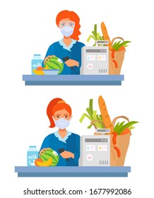 The Grocery Store Cashier Scans Purchases. A Girl In A Medical Mask And Protective Glasses. Coronavirus Prevention. Vector Cartoon Flat Illustration Isolated On A White Background.