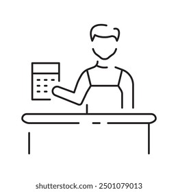 The grocery store cashier stands at the checkout with a linear icon