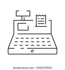 The grocery store cashier stands at the checkout with a linear icon