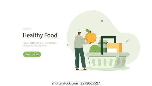 Grocery store. Character standing near shopping basket filled with healthy, plant-based grocery food items. Healthy eating habits and balanced diet concept. Vector illustration.