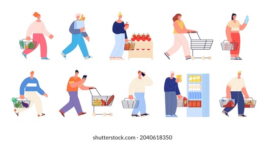 Grocery store characters. Buy in shop, supermarket shopping customers. Isolated flat people with cart and bag, buying food utter vector set