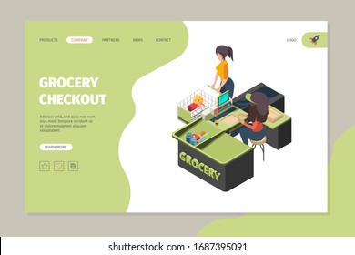 Grocery store checkout. Buyers in retail grocery shop paying cashier scanning purchase products big sales service supermarket vector isometric set