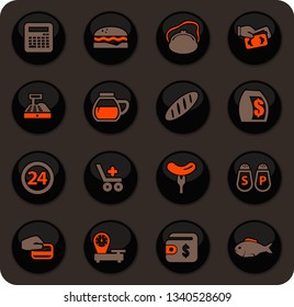 Grocery store color vector icons on dark background for user interface design