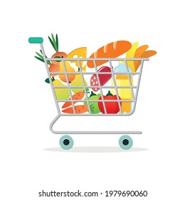 Grocery store concept. Colorful illustration of a trolley full of grocery products. Vector 10 EPS.