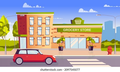 Grocery store concept in flat cartoon design. Building of shop with storefront is on street, car is driving along road. Shopping food in supermarket modern cityscape. Vector illustration background