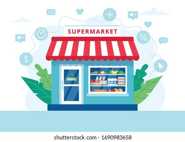 Grocery store concept, supermarket with different grocery. Vector illustration in flat style