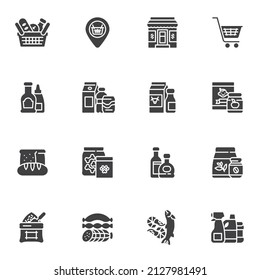 Grocery store department vector icons set, modern solid symbol collection, filled style pictogram pack. Signs, logo illustration. Set includes icons as beverage, shopping basket, milk, seafood, bread