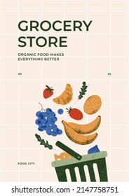 Grocery store design template with fresh organic vegetables. Organic market poster. Vector illustration.