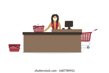 Grocery store during epidemic of virus.Cashier in protective medical mask is behind cash register.Basket with milk and dairy products.Teller's workplace in grocery store on white background.Vector