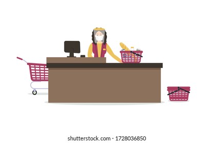 Grocery store during epidemic of virus.Cashier in protective medical mask and shield is behind cash register.Basket with baguette and milk products.Teller's workplace in supermarket.Vector