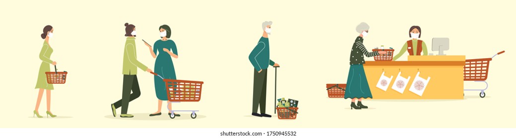 Grocery store during epidemic of virus.Cashier in protective medical mask is behind cash register serves customers who are waiting in line at a safe distance.Teller's workplace in supermarket.Vector