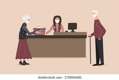 Grocery Store During Epidemic Of Virus.Cashier In Protective Medical Mask Is Behind Cash Register Serve Elderly Woman With Basket And Older Man Waiting Lady.Teller Workplace On Pink Background.Vector