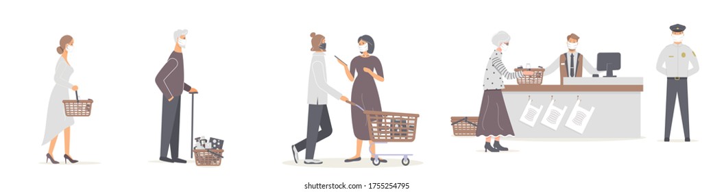 Grocery store during epidemic of virus.Cashier and guard in protective medical masks. Teller serves various customers who are waiting in queue at a social distance in supermarket.Vector illustration