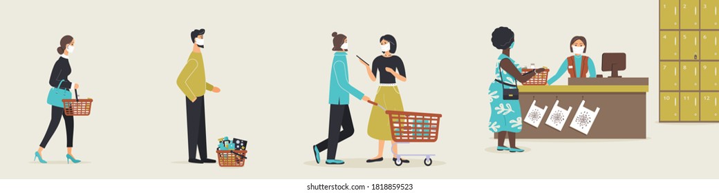 Grocery store during epidemic of virus.Cashier in protective medical mask is behind cash register serves customers who are waiting in line at a safe distance.Teller's workplace in supermarket.Vector