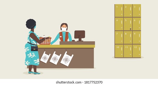 Grocery store during epidemic of virus.Supermarket cashier in face mask is behind cash register serve elderly plump afro woman with basket with products.Teller in protective mask on workplace.Vector