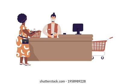 Grocery store during epidemic of virus.Supermarket cashier hipster in face mask is behind cash register serve elderly afro woman with basket with products.Teller in protective mask on workplace.Vector