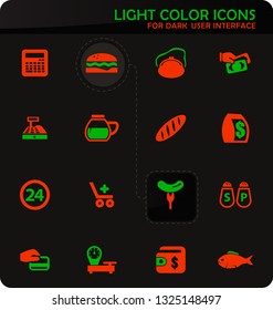 Grocery store easy color vector icons on dark background for user interface design