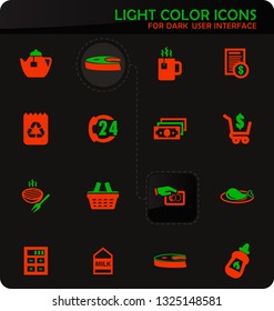 Grocery store easy color vector icons on dark background for user interface design