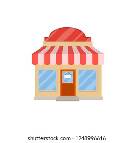 Grocery store. The element of a small town. Private business. Commercial building with a showcase. Purchase and sale of goods in the city. Part of the urban landscape.