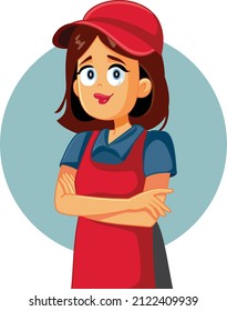 
Grocery Store Employee Standing Smiling Friendly Vector Cartoon Illustration. Supermarket worker performing well at her job being nice and polite
