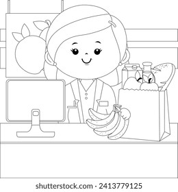 Grocery store employee at the supermarket counter filling a shopping bag with groceries. Vector black and white coloring page.